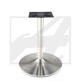 Modern metal table base with round stainless steel bottom and black top plate.