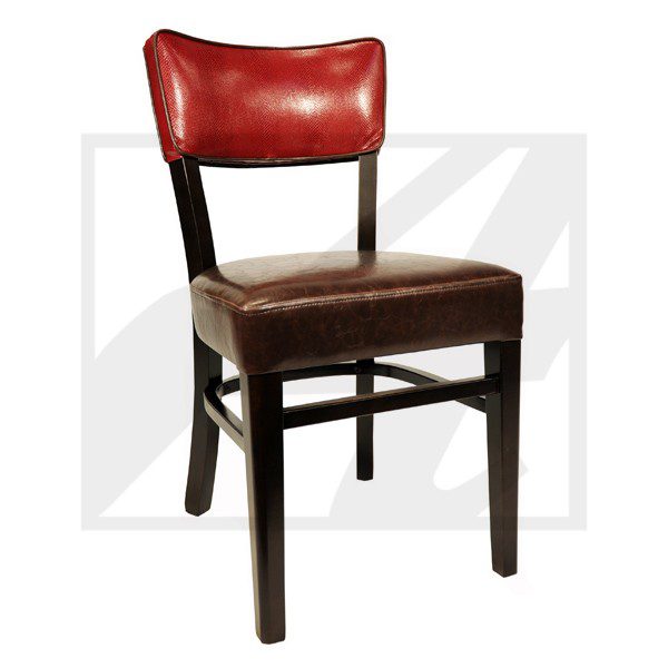 Vintage wooden chair with red leather backrest and brown leather seat.