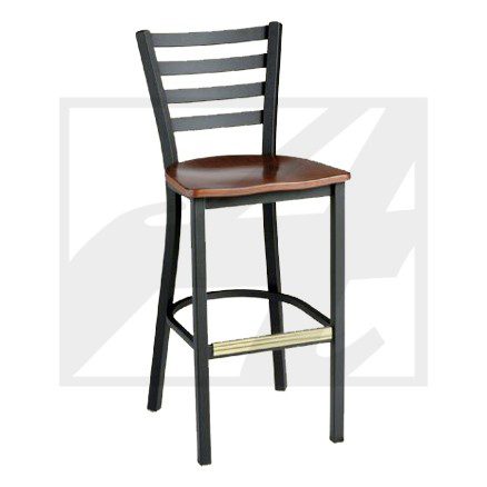 Black metal bar stool with wooden seat and footrest.