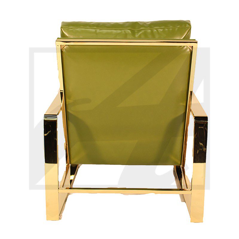 Modern green and gold armchair with sleek design.