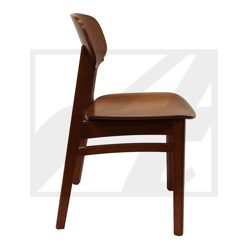 Side view of a wooden chair with cushioned seat and backrest.