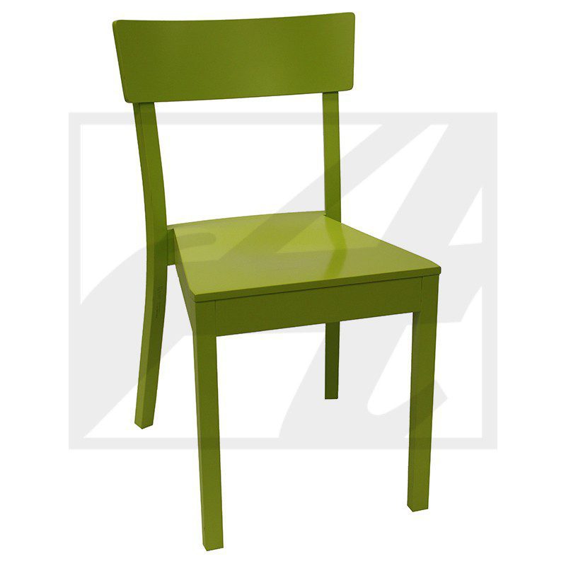 A simple green wooden chair with a straight backrest.