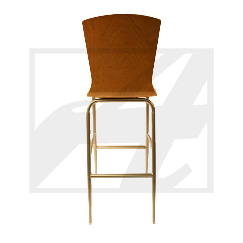 Modern brown bar stool with a curved backrest and metal legs.
