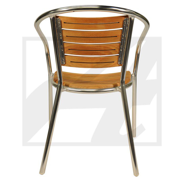 Metal and wood outdoor chair with curved backrest.
