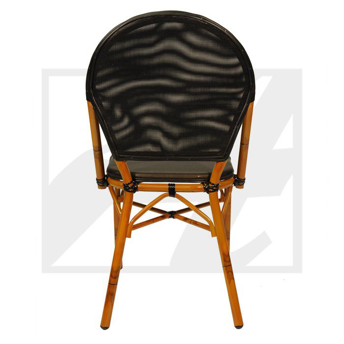 Top view of a black and brown woven chair with wooden legs.