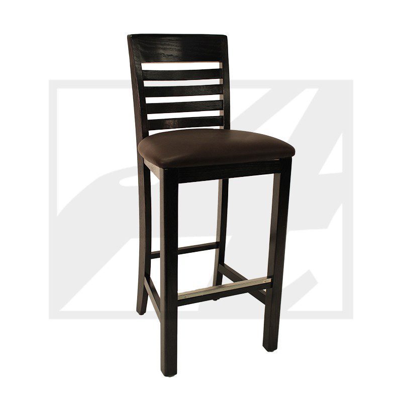 Dark wooden bar stool with a cushioned seat and horizontal backrest slats.