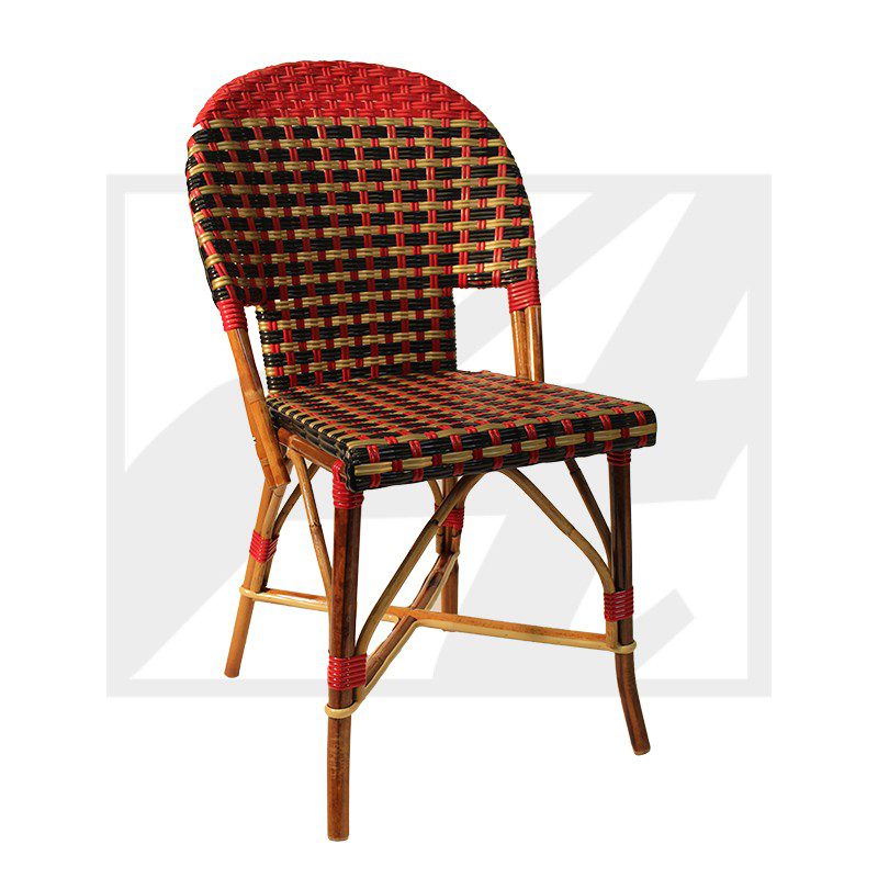 A woven rattan chair with a red and brown checkered pattern.