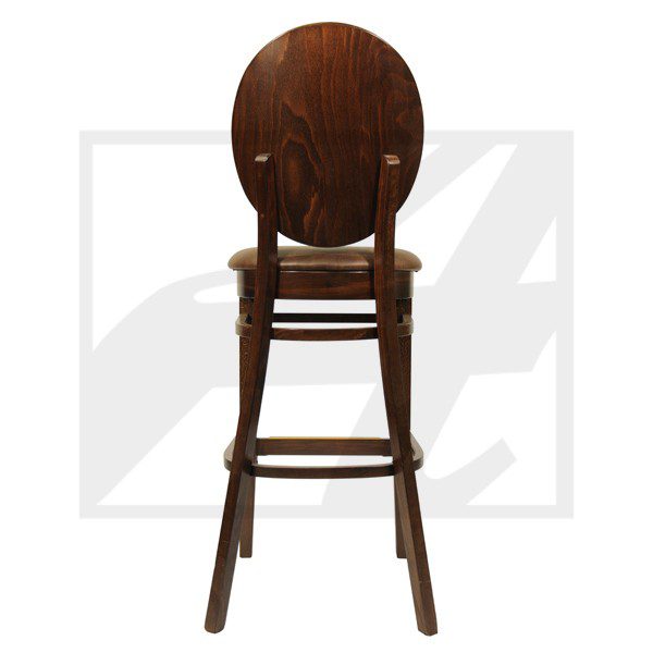 Dark wooden bar stool with a rounded backrest and footrest.