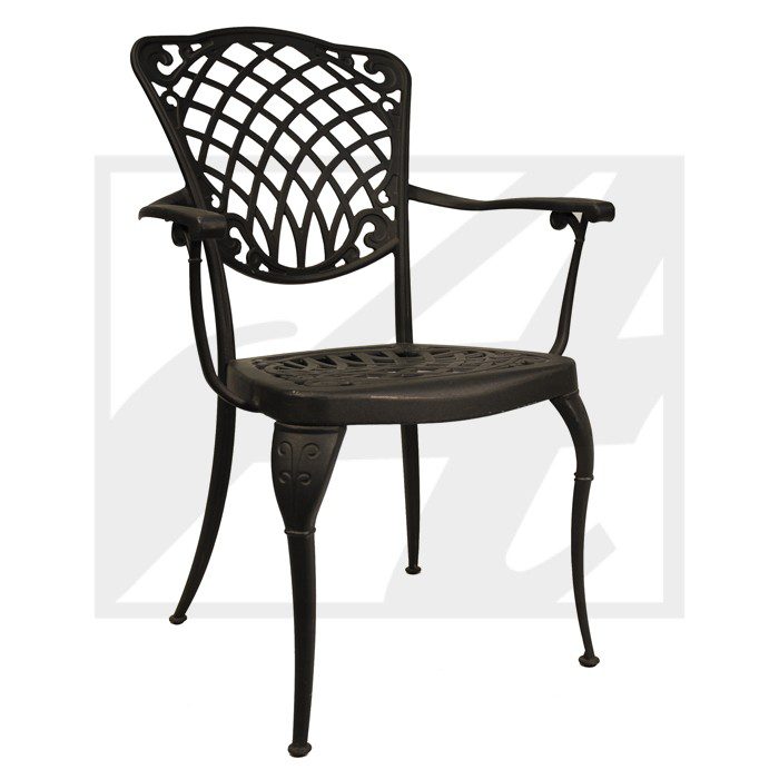 Elegant black metal outdoor chair with intricate lattice design.
