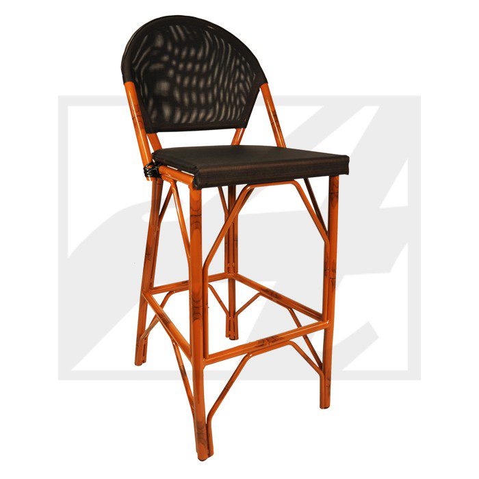 Tall rattan bar stool with woven black seat and backrest.