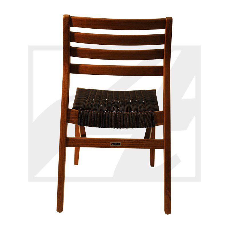 Wooden chair with a woven seat and horizontal back slats.