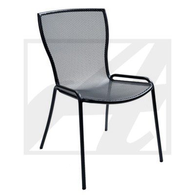 Modern black metal mesh chair with sleek design.