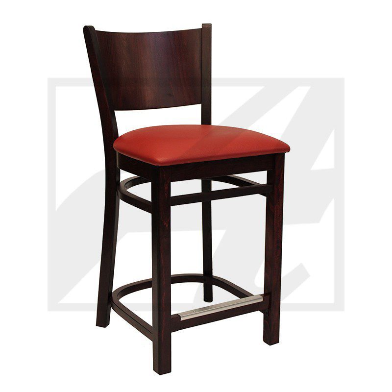 Wooden bar stool with red cushioned seat and backrest.