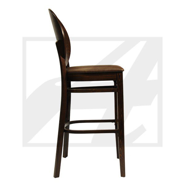 Elegant wooden bar stool with a curved backrest and footrest.