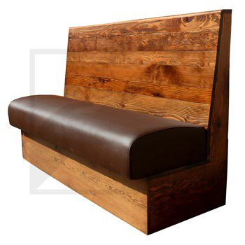 Wooden bench with cushioned seat and backrest.