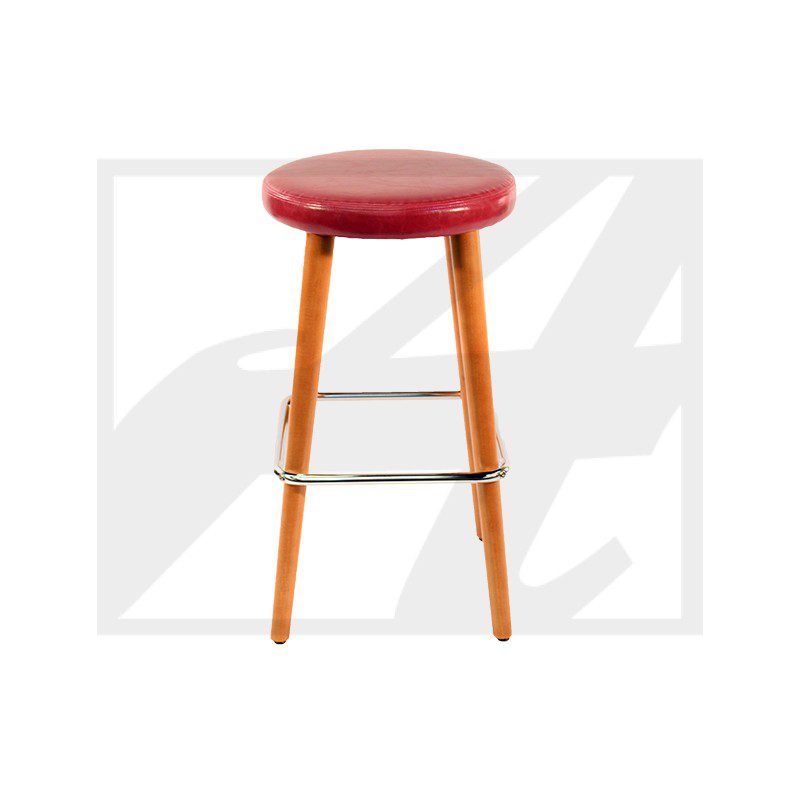 Wooden bar stool with a red cushioned seat and metal footrest.