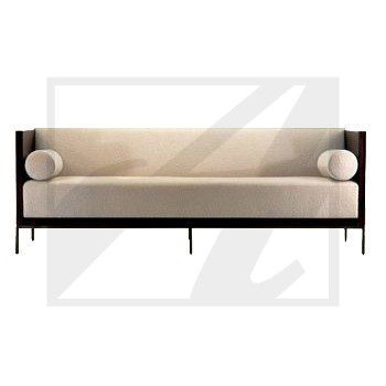Elegant beige sofa with cylindrical cushions and black legs.