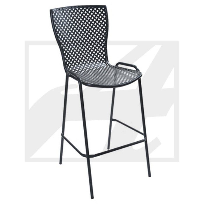 Black metal mesh bar stool with armrests and footrest.
