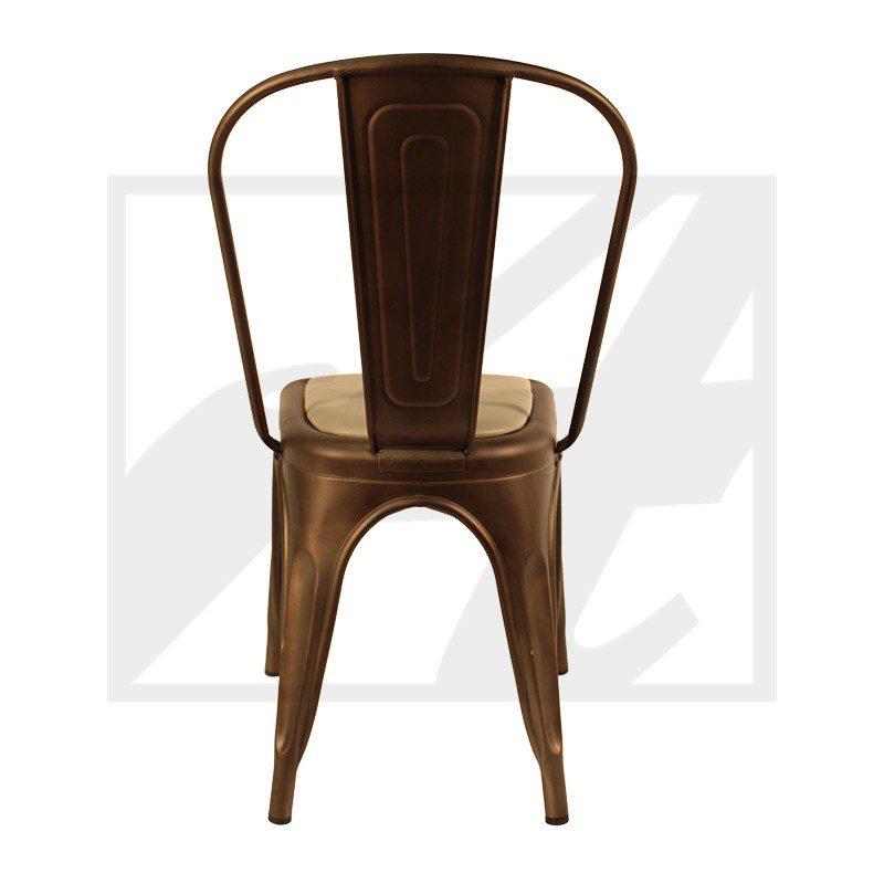 Rustic metal chair with a vintage design and curved backrest.