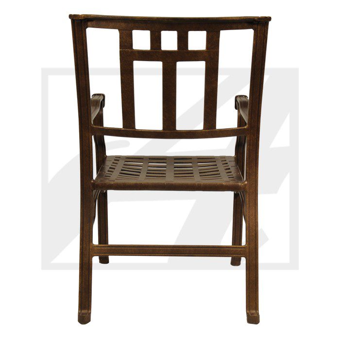Wooden chair with armrests and a decorative backrest design.