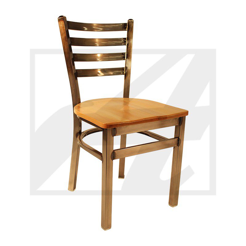 Wooden chair with a light brown seat and darker frame.