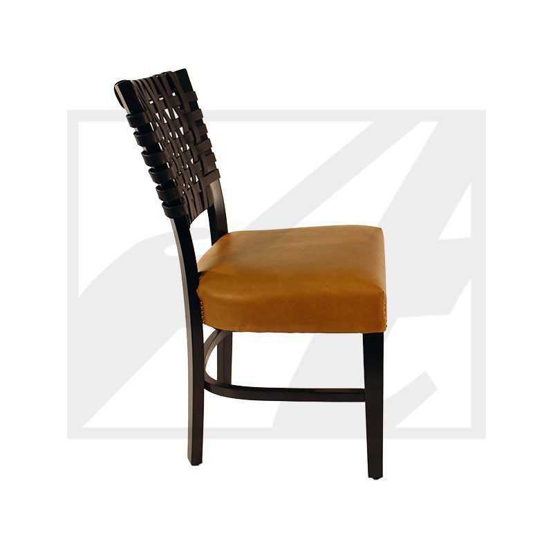 Side view of a wooden chair with a woven backrest and brown cushioned seat.