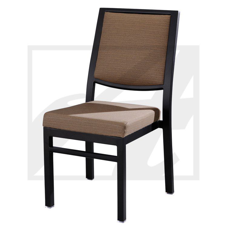 Elegant brown and black dining chair with cushioned seat and mesh backrest.