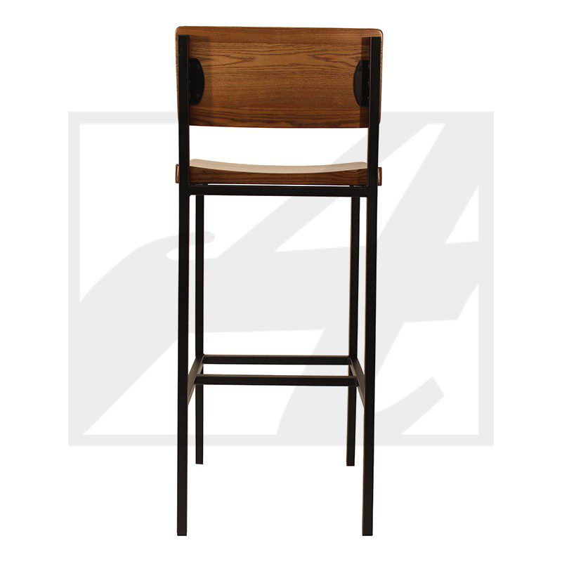 Minimalist wooden bar stool with black metal frame and backrest.