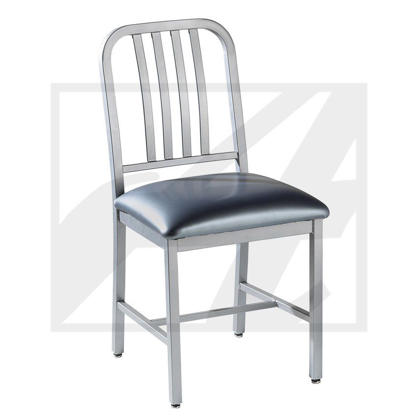 Metal chair with a cushioned black seat and vertical back slats.