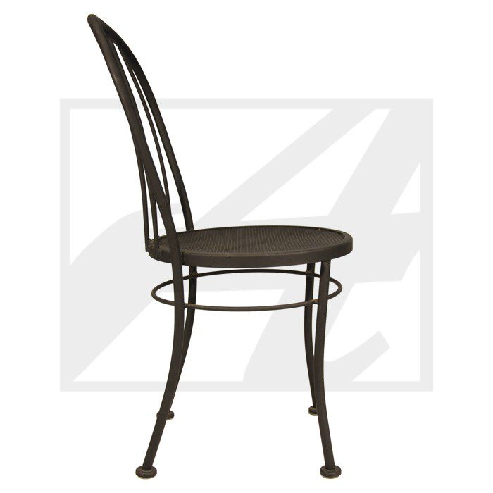 Elegant metal chair with curved backrest and round seat.