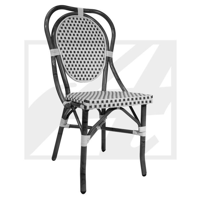 A stylish black and white woven bistro chair with curved backrest.