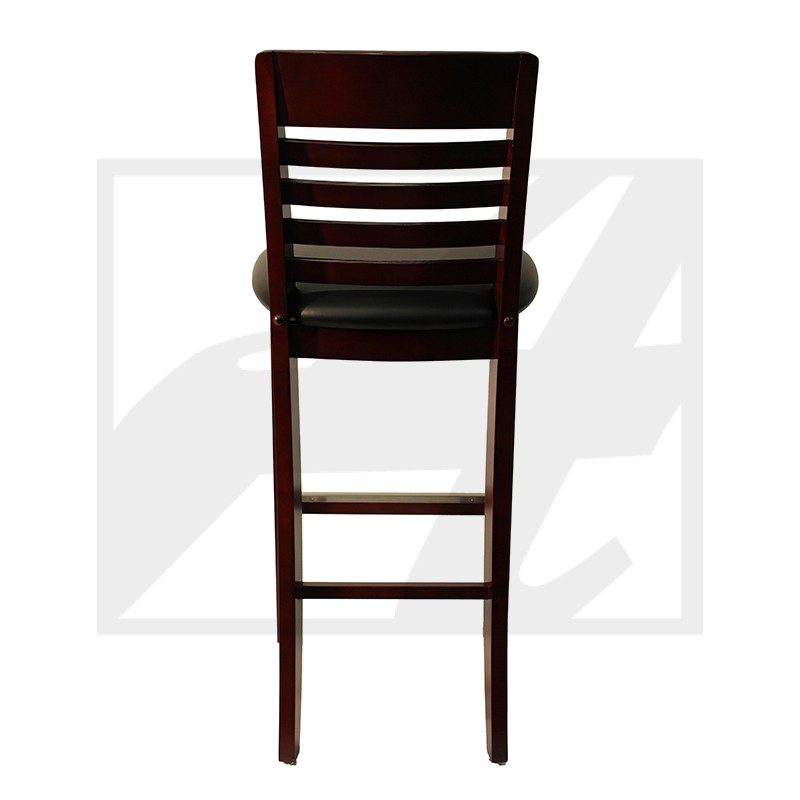 A tall wooden bar stool with a ladder back design.