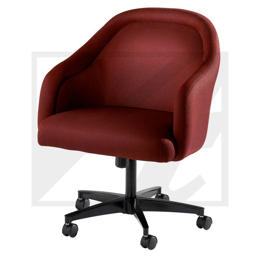 Modern maroon office chair with wheels and curved backrest.