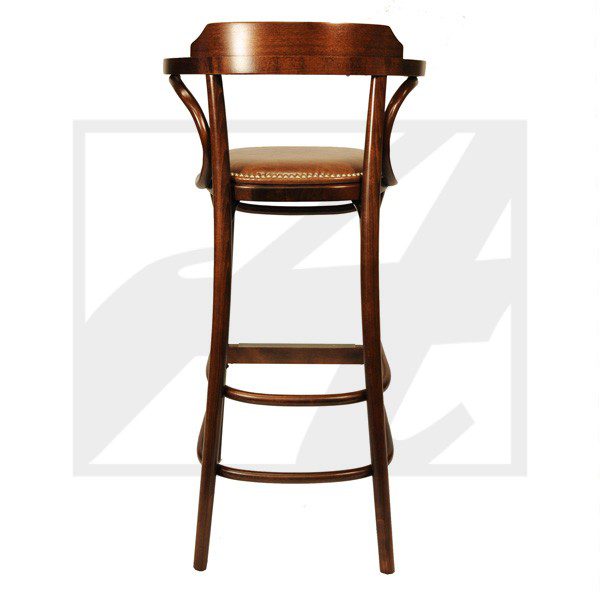 Elegant wooden bar stool with a curved backrest and footrest.