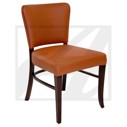 Modern brown leather dining chair with dark wooden legs.