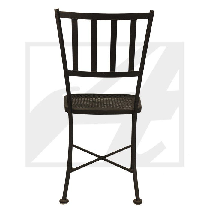 Black metal chair with vertical slats and woven seat.