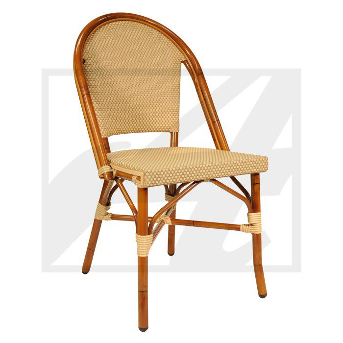 A stylish rattan chair with a woven seat and backrest.