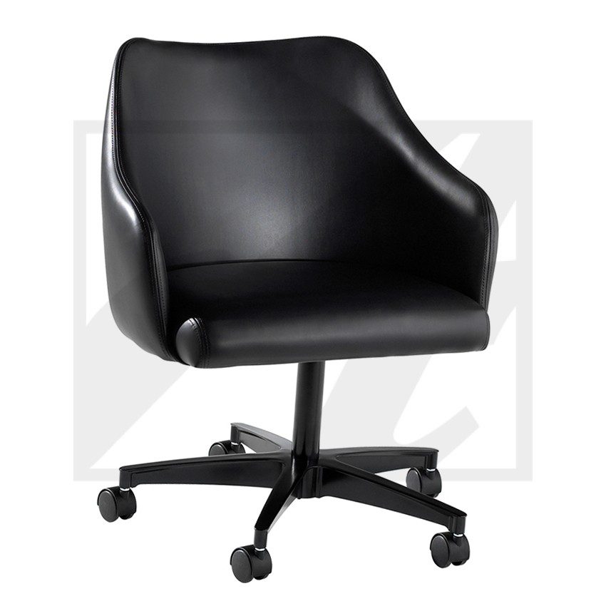Black leather office chair with wheels and armrests.