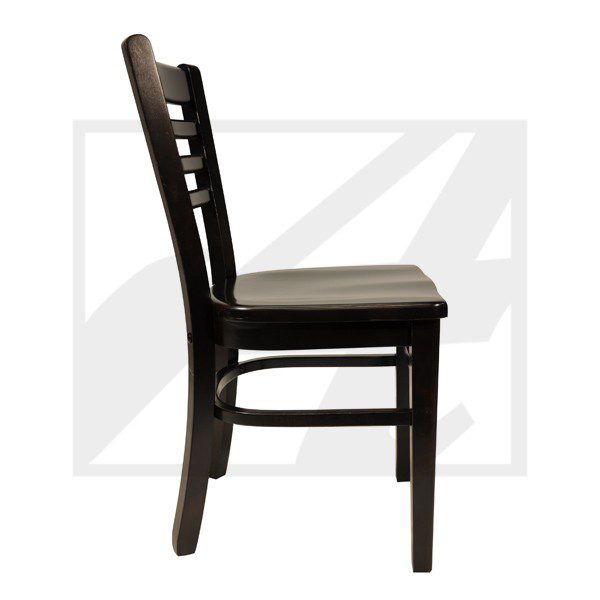 A classic wooden chair with a dark finish and slatted backrest.