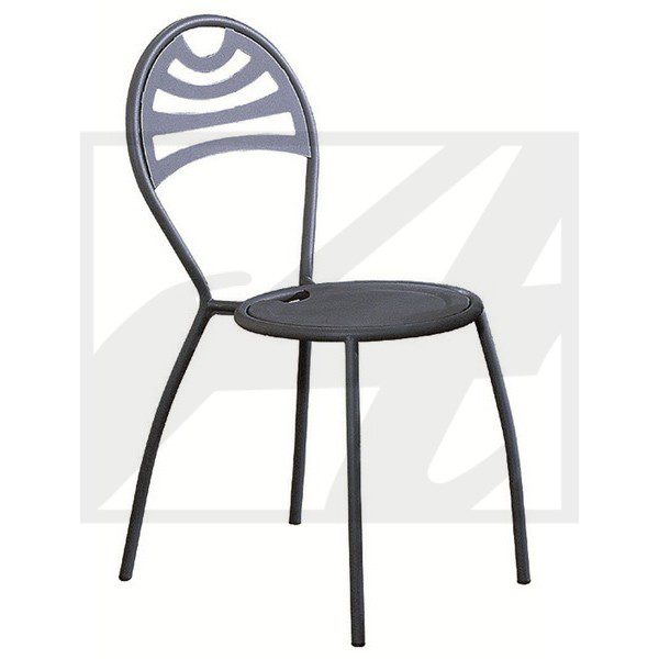 Black metal chair with a cushioned seat and decorative backrest.