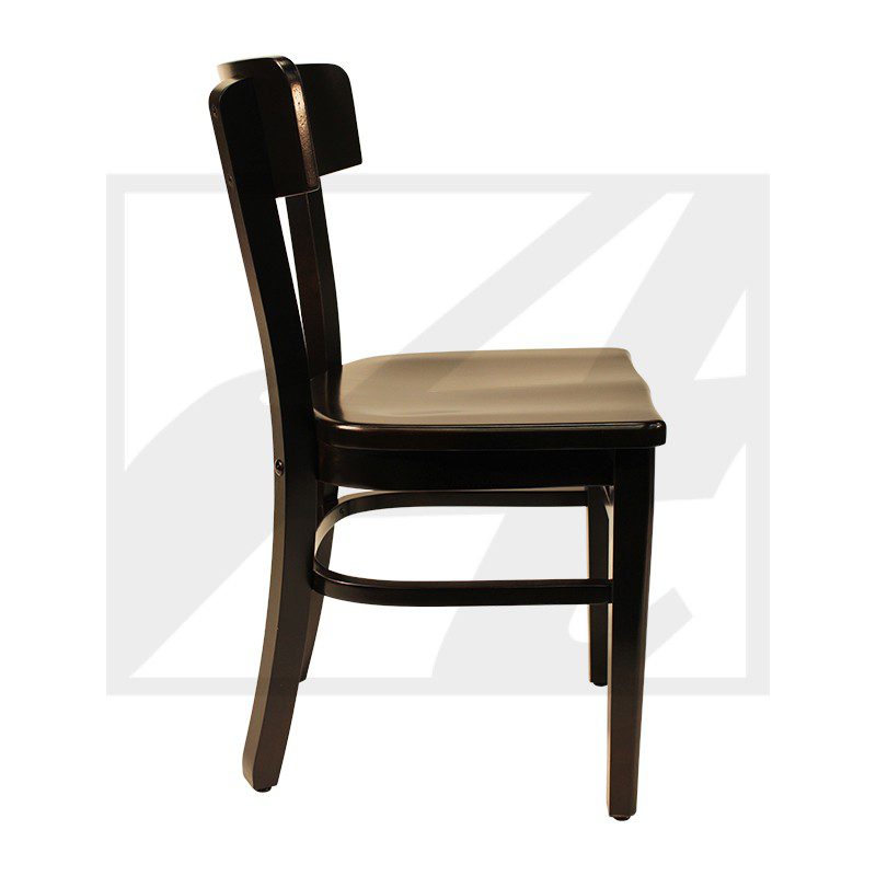 Side view of a classic wooden chair with a cushioned seat.