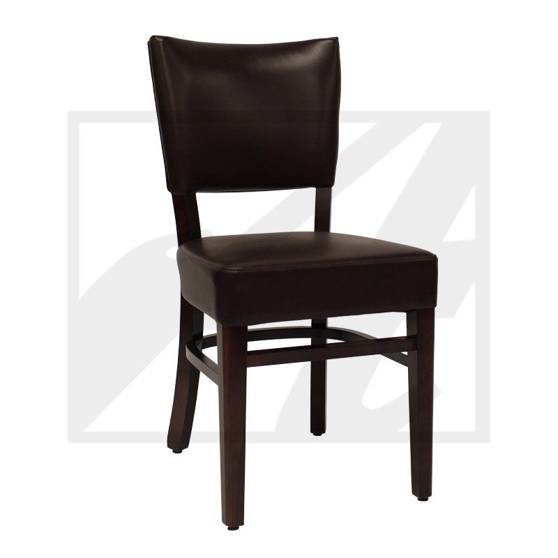 Dark brown wooden chair with padded leather seat and backrest.