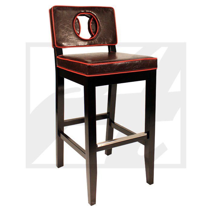 Wooden bar stool with a cushioned seat and circular backrest cutout.