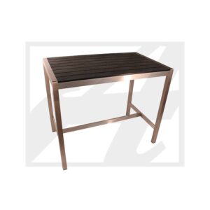 Simple wooden table with four legs and a dark top.