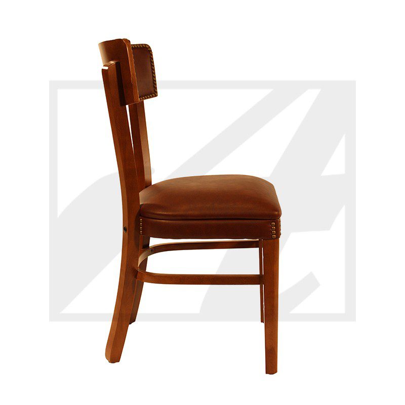 Side view of a wooden chair with a cushioned seat and backrest.