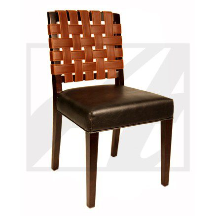 Modern chair with a woven leather back and cushioned seat.