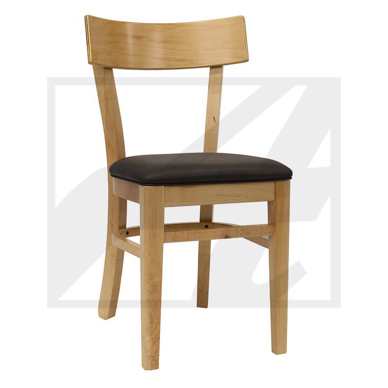 Wooden chair with a dark cushioned seat and simple backrest.
