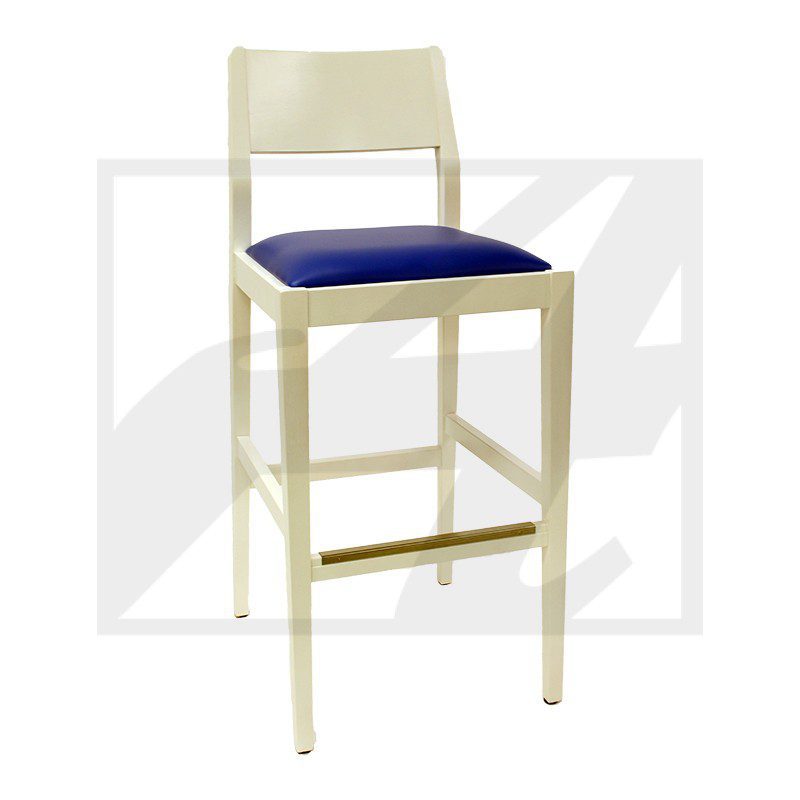 Modern white bar stool with a blue cushioned seat.