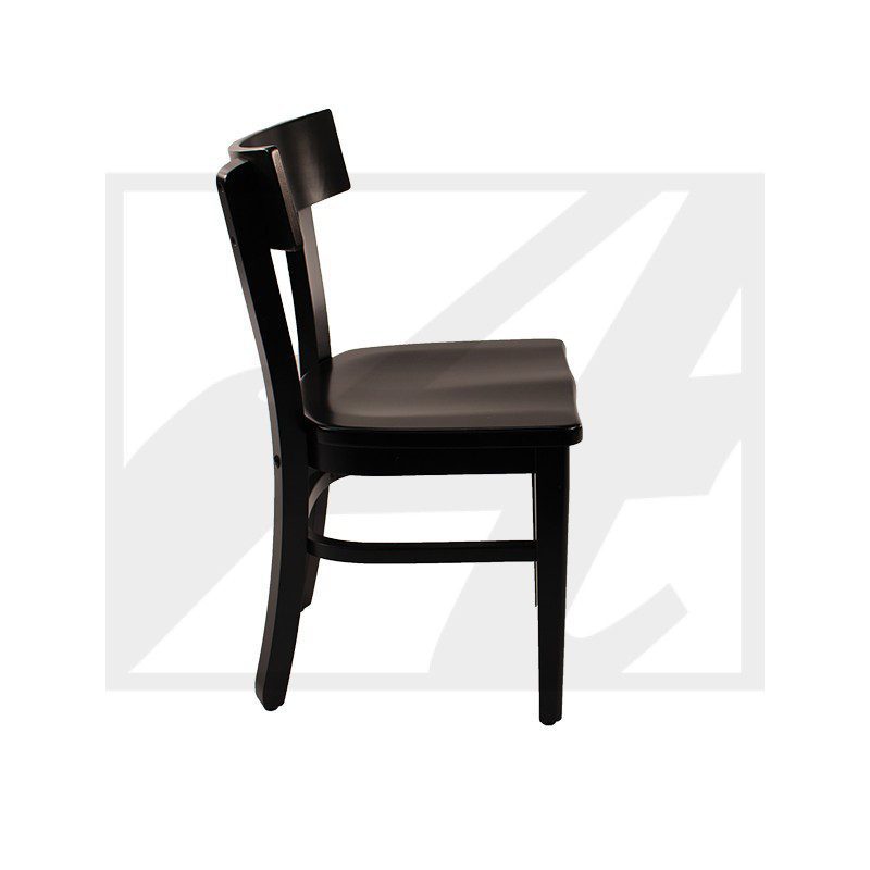 Side view of a simple black wooden chair with a cushioned seat.