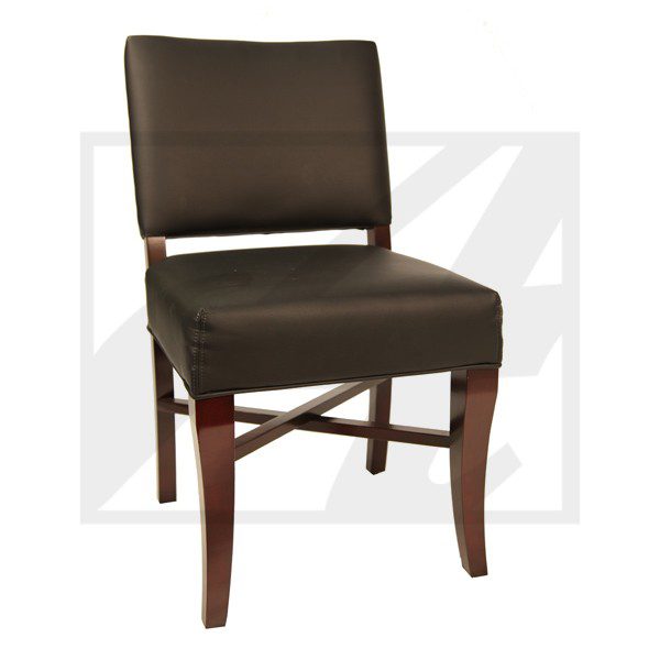 Brown upholstered dining chair with wooden legs and cross supports.